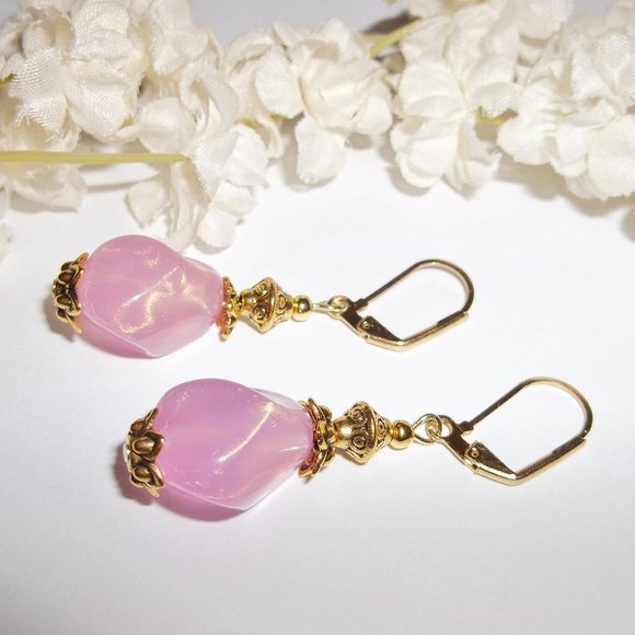 Pink & Gold Beaded Earrings Handmade NWT Set 5147 - Picture 4 of 8